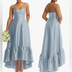 NWOT Alfred Sung Strapless Ruffle High-Low Satin Mist Blue Gown Sz 6